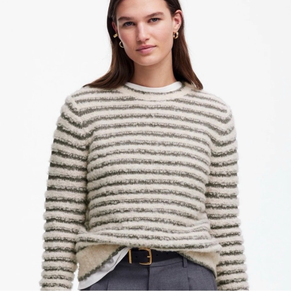 Madewell Striped Fuzzy Crewneck Sweater in Cream & Gray